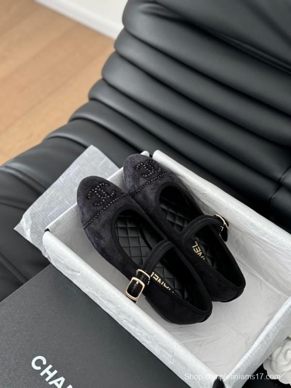 2025 Women Chanel Black Velvet Mary Jane Embroidered LY00280