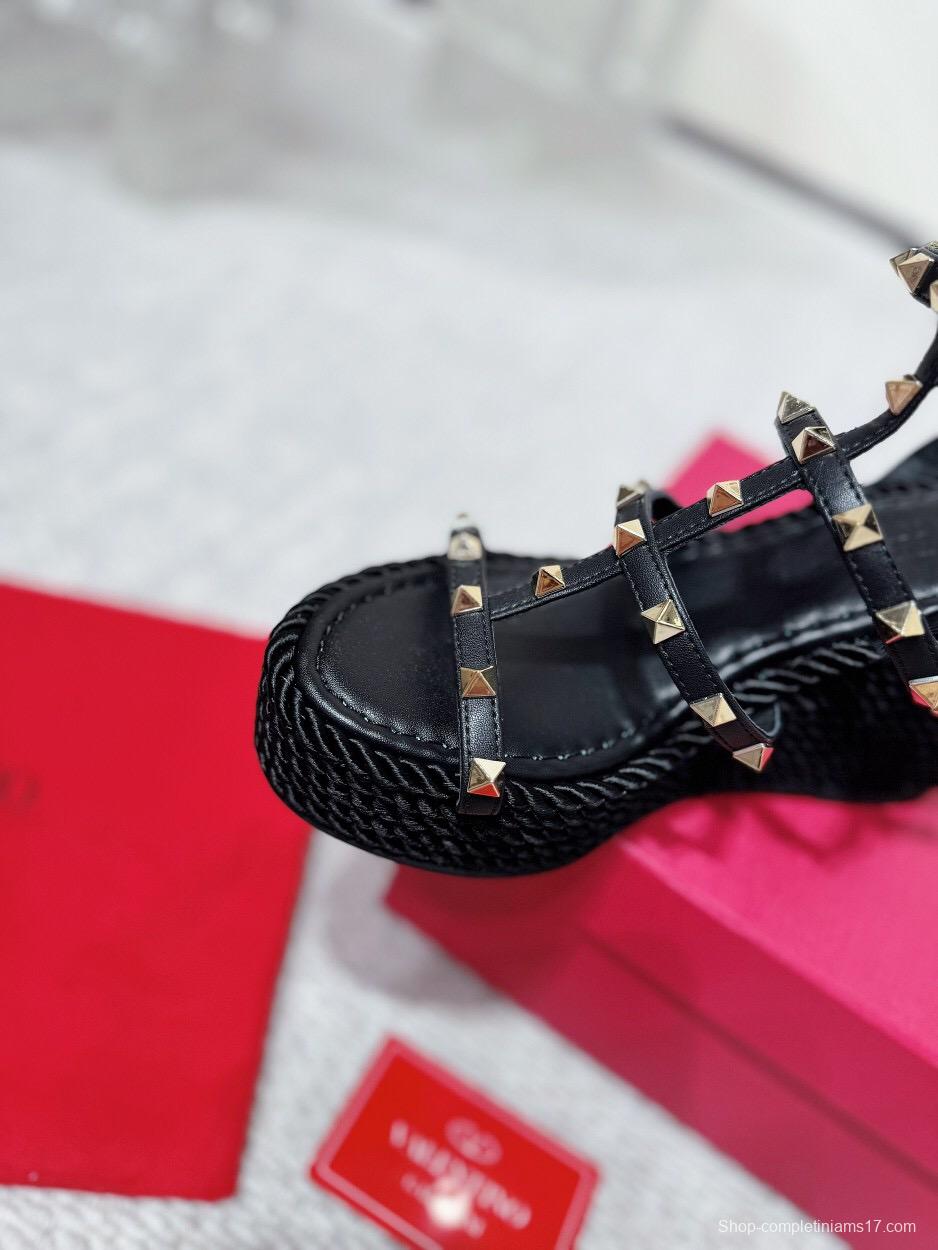 2025 Women Valentino Black Leather Studded Wedge Sandals