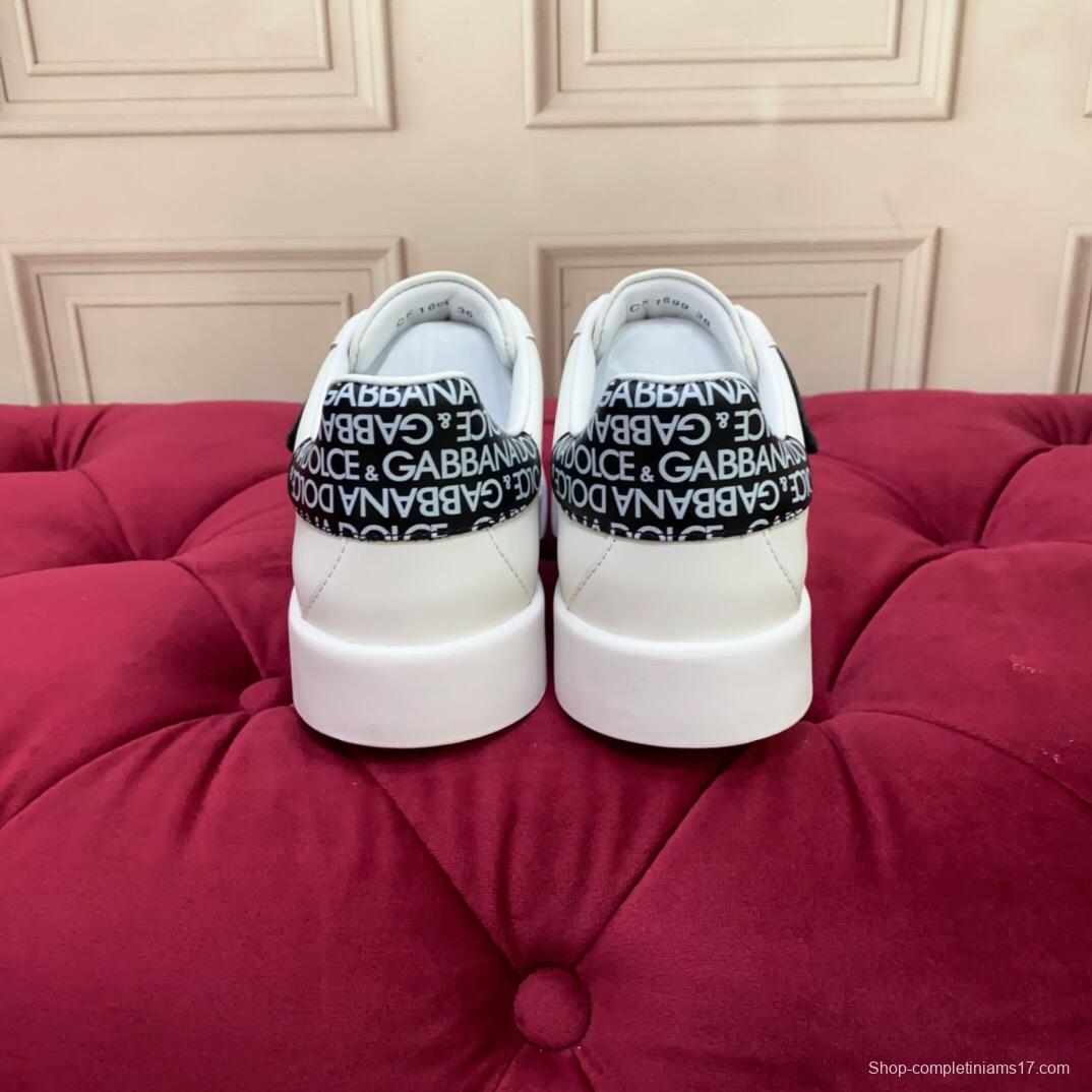 2025 Unisex Dolce & Gabbana White Leather Sneakers LOGO Strap LY00300