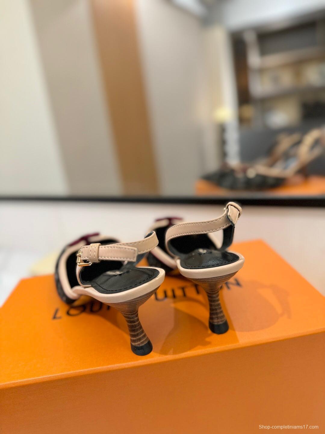 2025 Women LV Black Pink Denim Leather Slingback Heels KFY00310