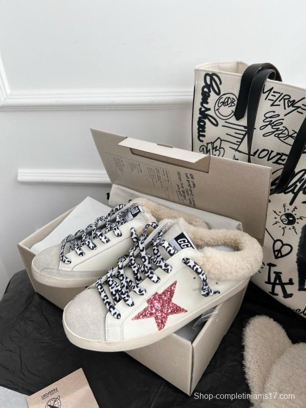 2024 Unisex GGDB White Pink Glitter Suede Leather Fur Slippers MJ00280