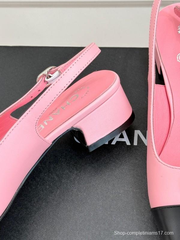 2025 Women Chanel Pink Black Leather Slingback Low Heel KFY00280