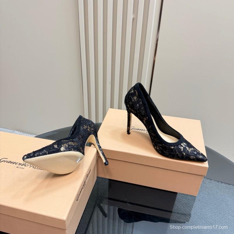 2025 Women Gianvito Rossi Black Lace Leather High Heel KFY00280