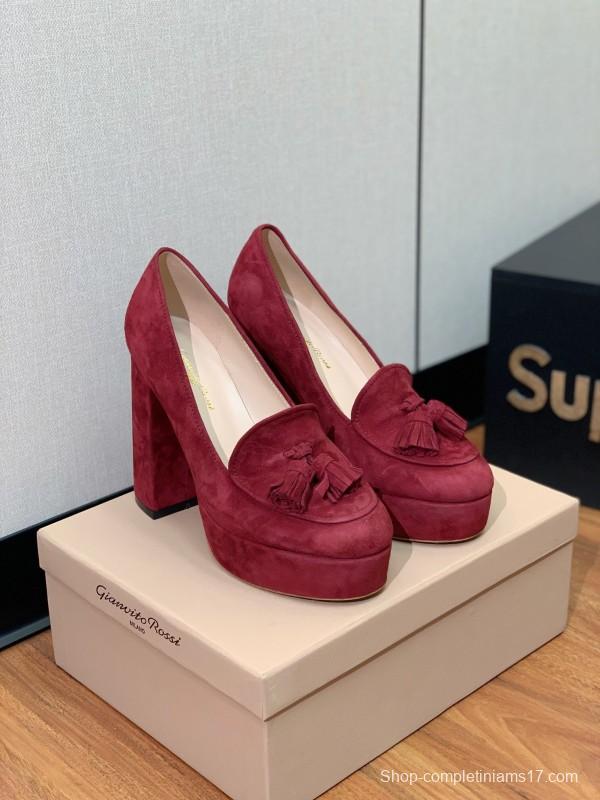 2025 Women Gianvito Rossi Red Suede Platform Loafers Tassel KFY00330