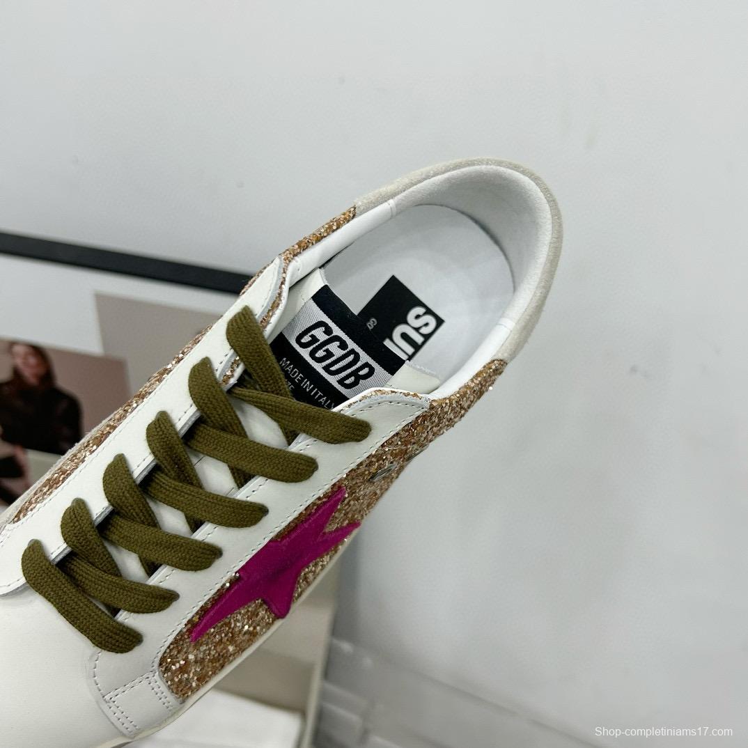2025 Women GGDB White Gold Pink Glitter Leather Sneakers