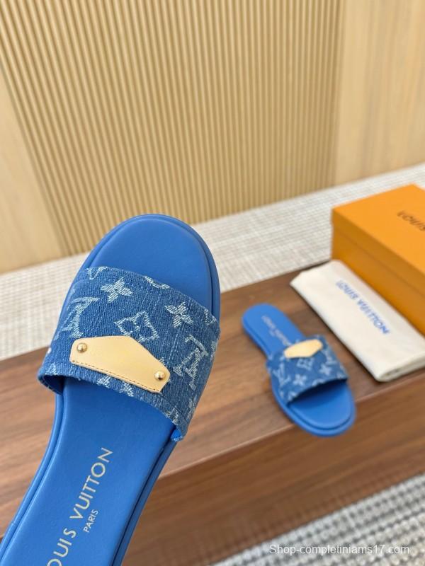 2025 Women Louis Vuitton Blue Denim Leather Slippers LY00200