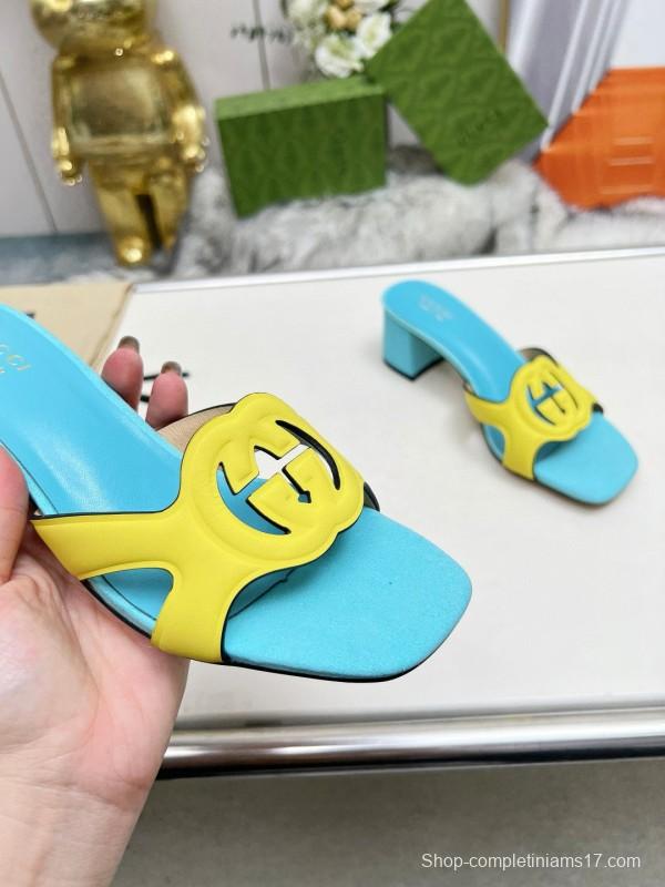 2025 Gucci Blue Yellow Leather Slippers
