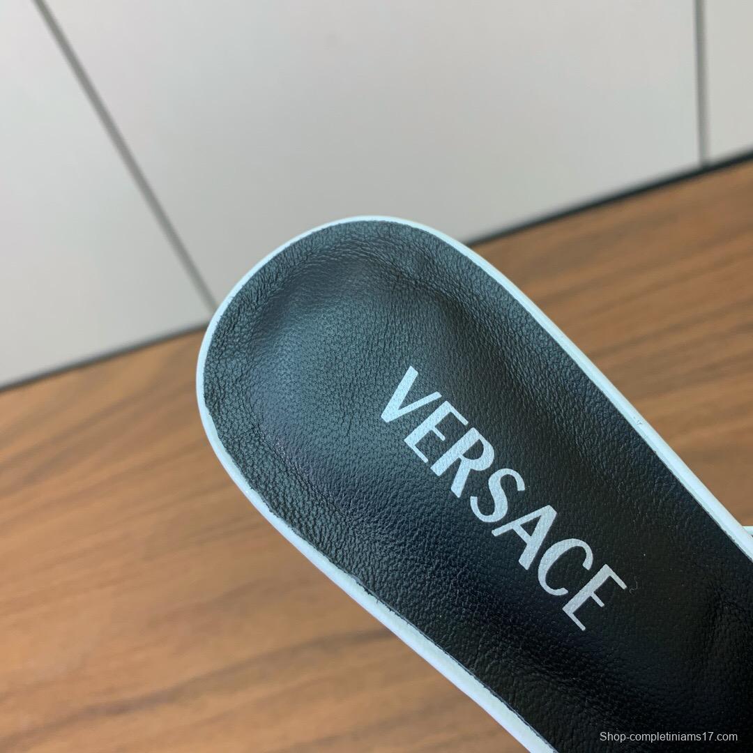 2025 Women VERSACE White Leather Slippers