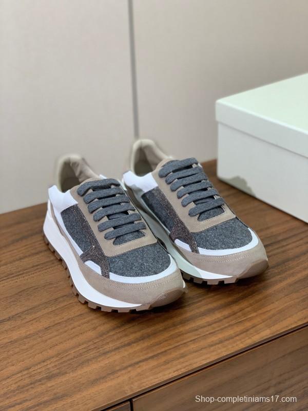 2025 Unisex Brunello Cucinelli Beige Gray White Leather Wool Casual Sneakers LY