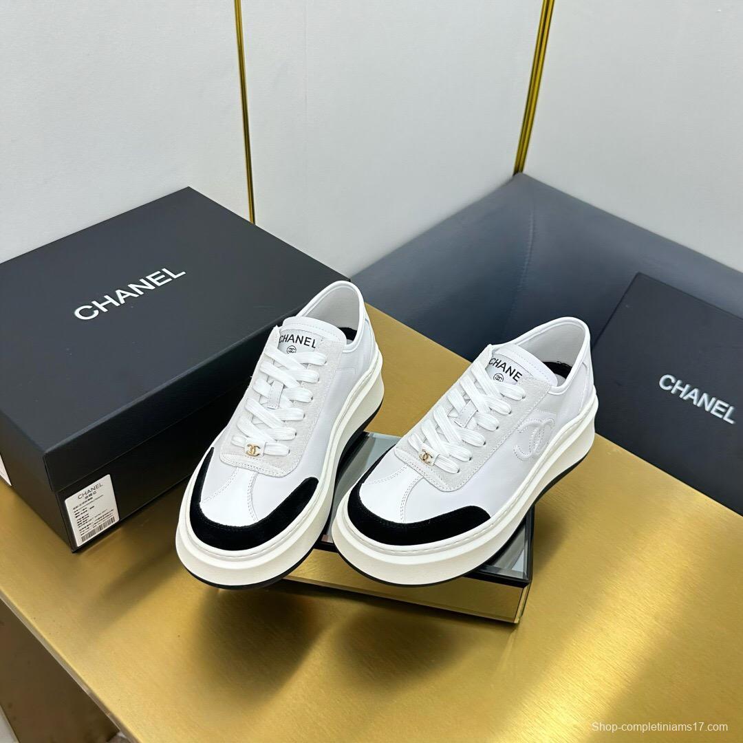 2025 Women Chanel White Black Leather Sneakers Platform Sole