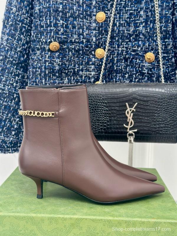 2024 Women Gucci Brown Calfskin Ankle Boots Chain Detail MJ00410