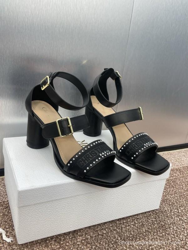 2025 Women Dior Black Leather Sandals Studded KFY00320