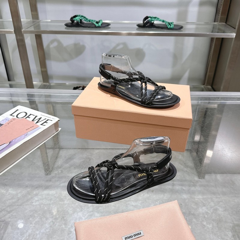 2025 Women Miu Miu Black Leather Rope Sandals