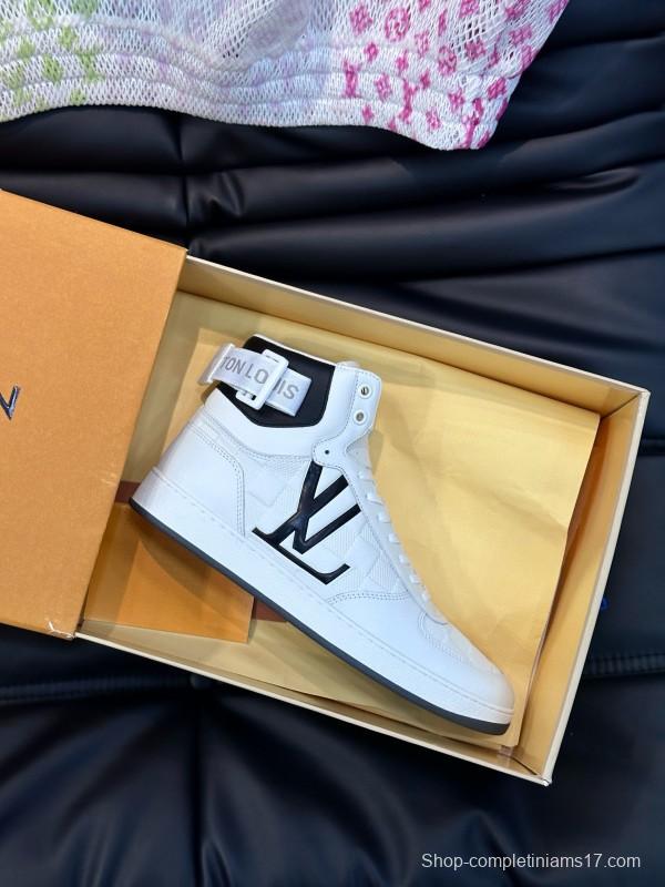 2024 Men Louis Vuitton White Black Leather High-Top Sneakers MJ00420