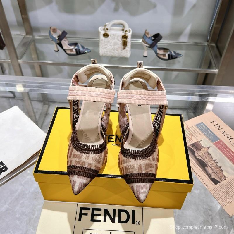 2025 Women Fendi Beige Brown Fabric Leather High Heels MJ00280