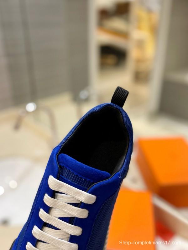 2024 Men Hermès Blue Nylon Suede Sneakers MJ00320