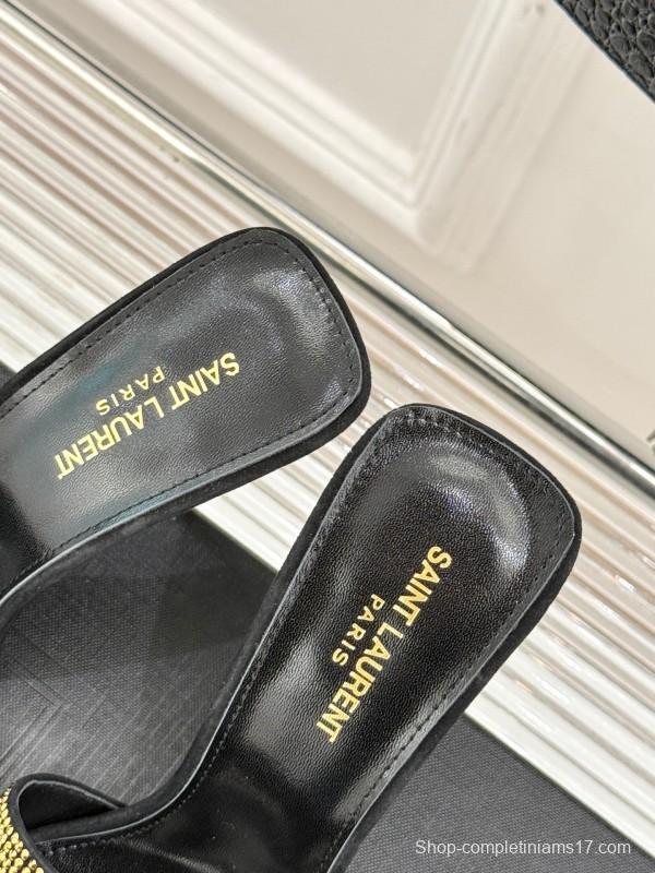 2025 Women Yves Saint Laurent Black Gold Leather High Heel Slip-On LY00300