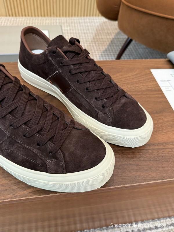 2025 Men TOM FORD Dark Brown Black Suede Leather Sneakers LY00360