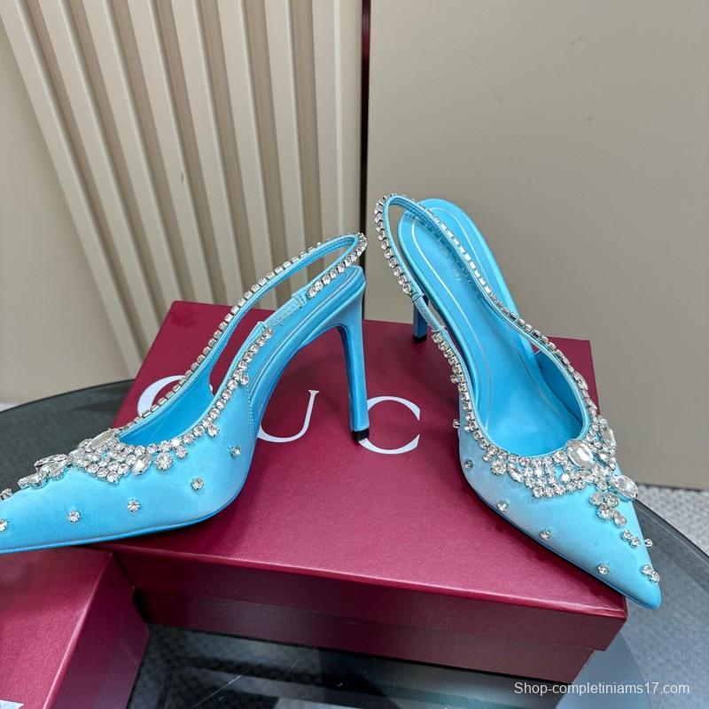 2025 Women Gucci Blue Silk Crystal Embellished Slingback High Heel KFY00340