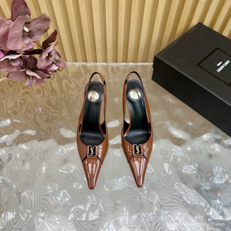 2025 Women Yves Saint Laurent Brown Patent Leather Slingback Heels
