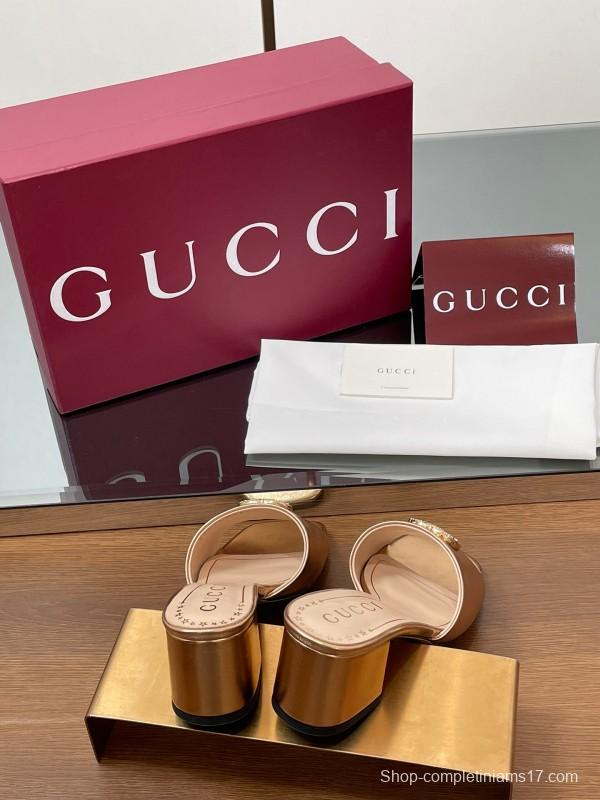 2025 Women Gucci Pink Leather Sandals GG Crystal Buckle LY00280