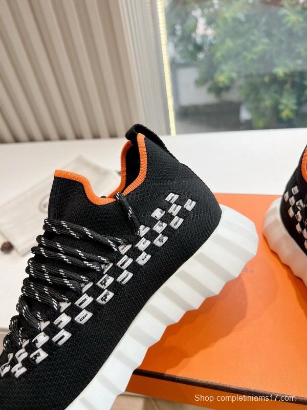2024 Unisex Hermès Black White Orange Calfskin Suede Sneakers MJ00290