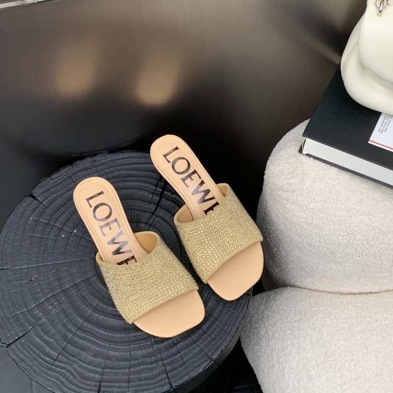 2025 Women Loewe Beige Rhinestone Leather Slippers LY00240