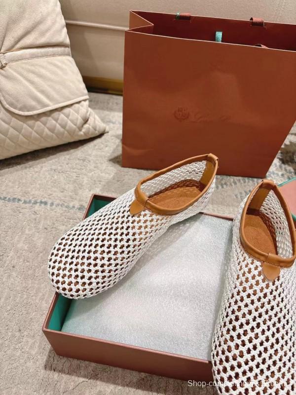 2025 Women LP White Brown Leather Mesh Ballet Flats