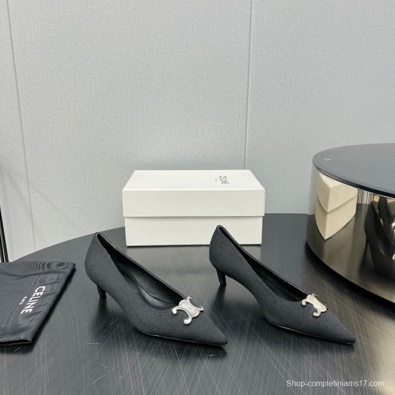 2025 Women Celine Black Fabric Pointed Toe Metal Buckle Pumps