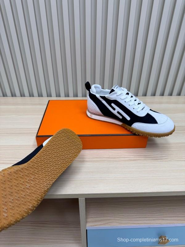 2025 Unisex Hermès White Black Suede Goat Leather Sneakers Top Version KFY00300