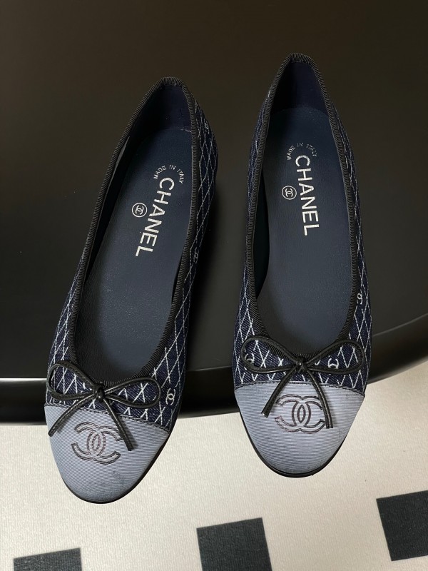 2025 Women Chanel Blue Denim Leather Ballet Flat