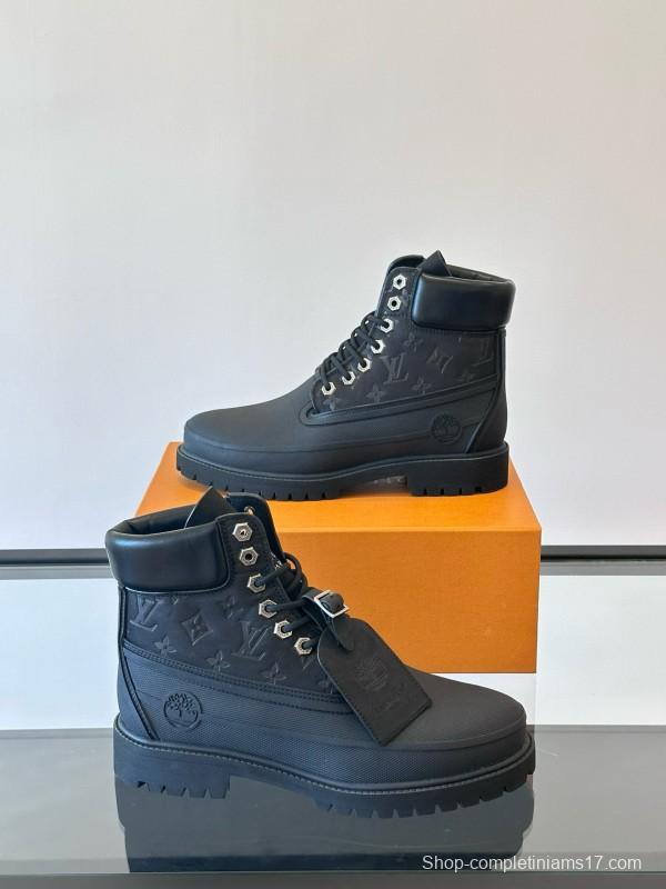 2024 Men Louis Vuitton Black Leather Monogram Work Boots MJ00390