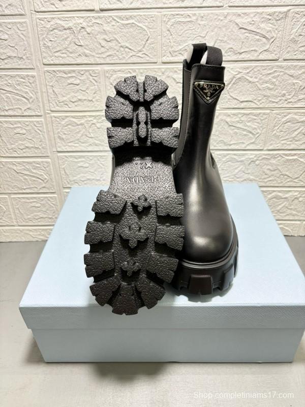 2024 Women Prada Black Leather Chelsea Boots MJ00380