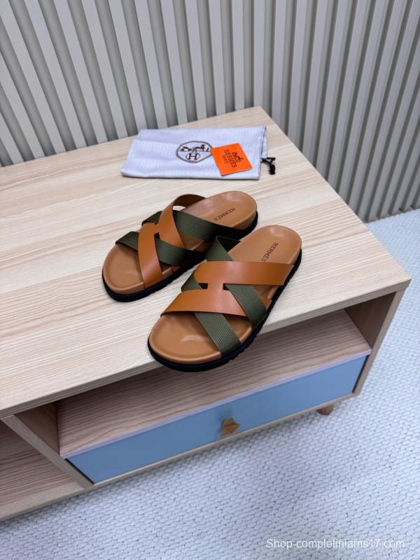 2025 Slippers Hermès Brown Green Leather Fabric Slippers