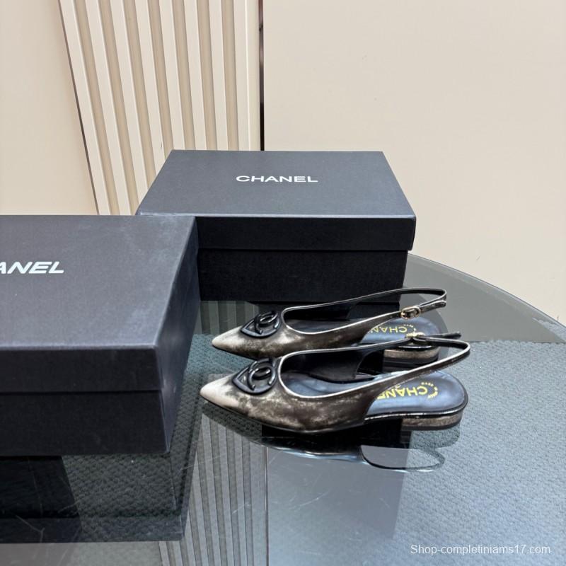 2025 Women Chanel Black Silver Satin Sandals KFY00290