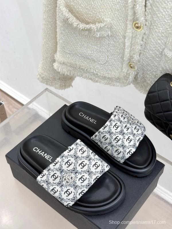 2025 Slippers Chanel Black White Nylon Slippers