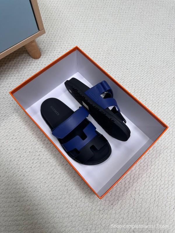 2025 Slippers Hermès Blue Black Leather Slippers