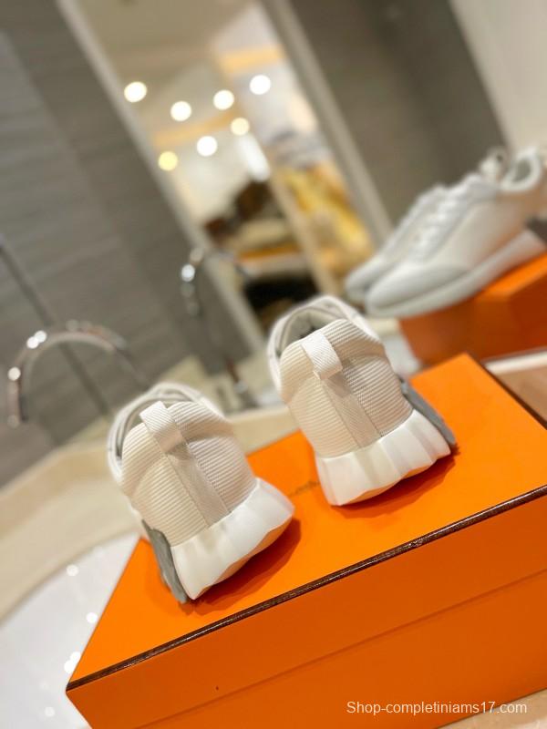 2024 Unisex Hermès White Cream Imported Silky Goat Suede Nylon Sneakers MJ00320