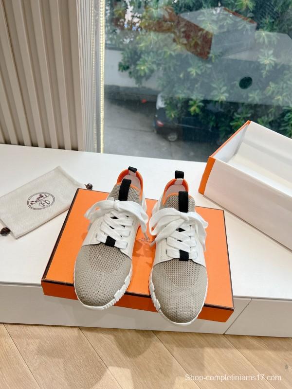 2024 Unisex Hermès Beige Orange Calfskin Suede Sneakers MJ00290(F/W)