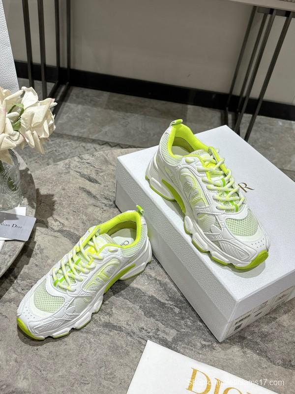 2025 Women Dior White Neon Yellow Mesh Leather Sneakers KFY00370