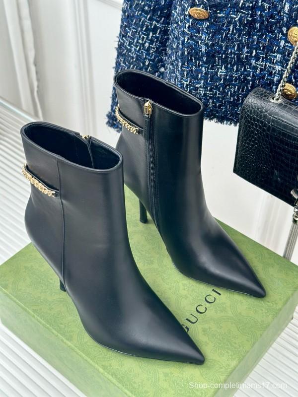 2024 Women Gucci Black Calfskin Leather Ankle Boots Chain MJ00410