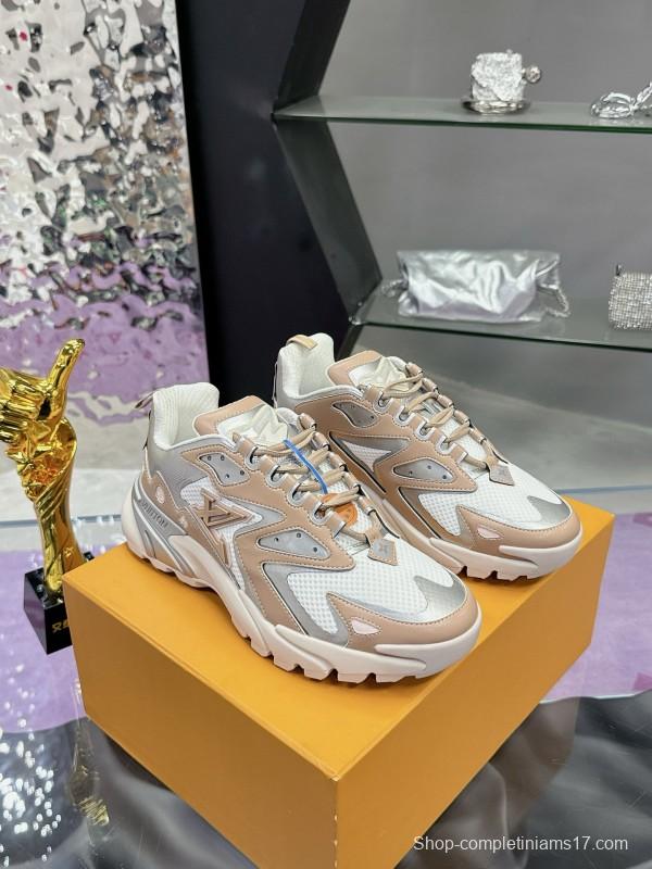 2025 Men Louis Vuitton Gradient Color Beige White Mesh Leather Sneakers MJ00420