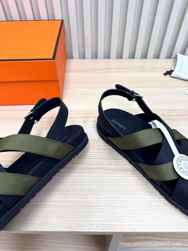 2025 Women Hermès Black Green Leather Nylon Sandals LY00270