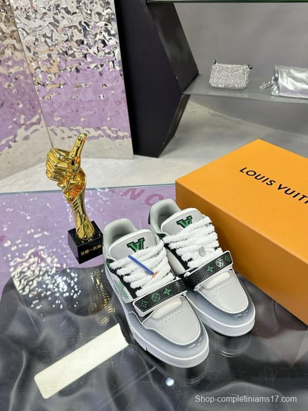 2024 Unisex Louis Vuitton Green White Leather Fabric Plimsolls Waxed Distressed Washed MJ00500
