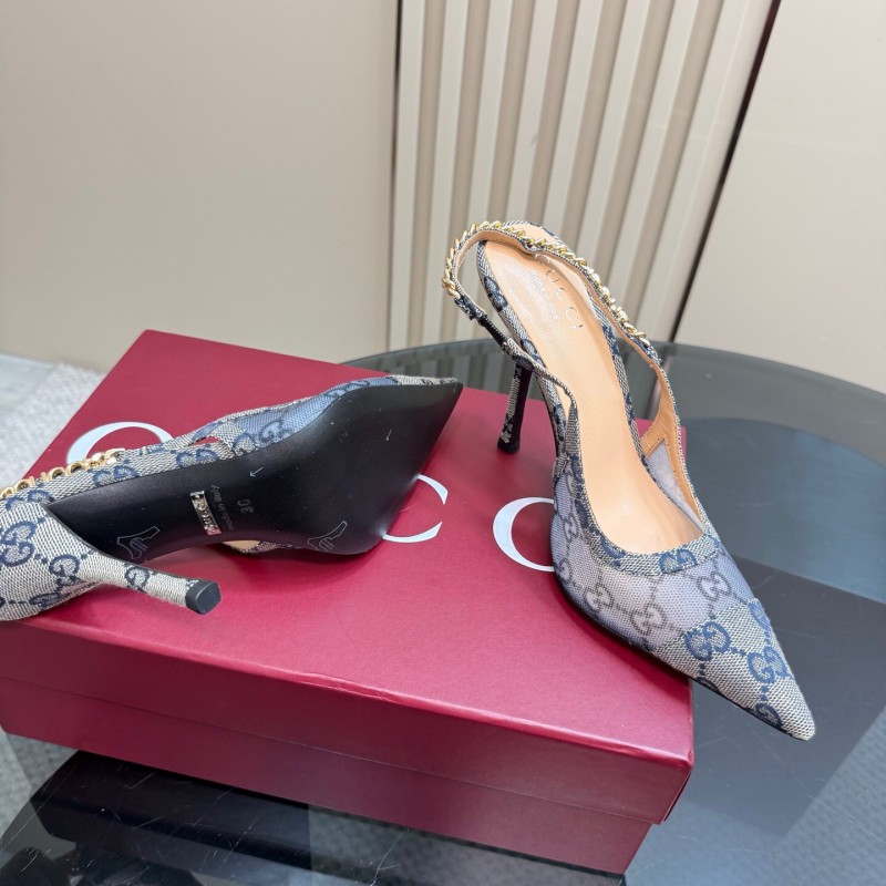 2025 Women Gucci White Mesh Slingback Heels With Crystal Chain Detailing KFY00300(F)