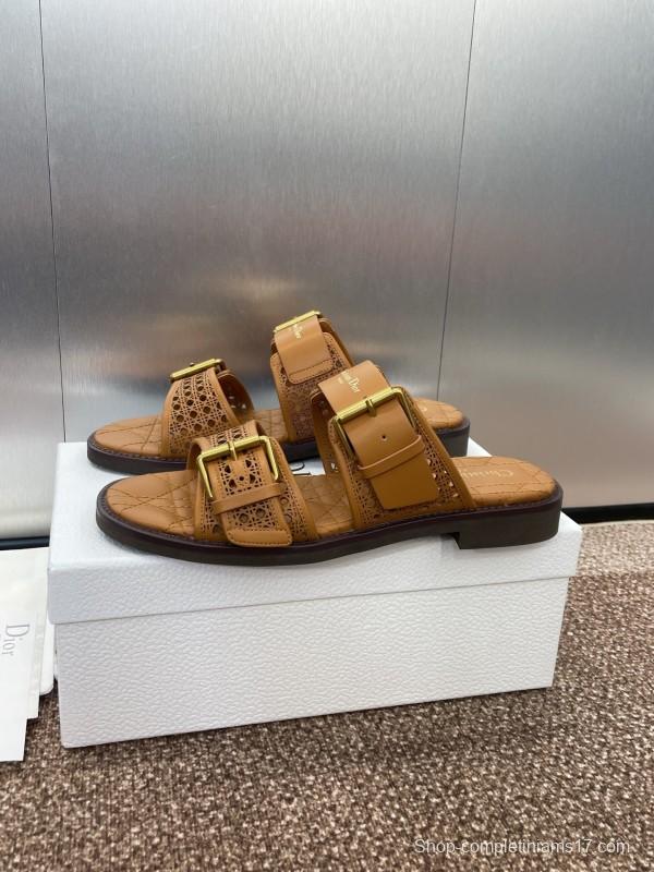 2025 Women Dior Brown Leather Slip-on Sandals