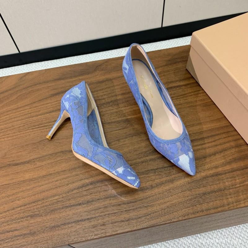 2025 Women Gianvito Rossi Blue Lace Leather Pumps
