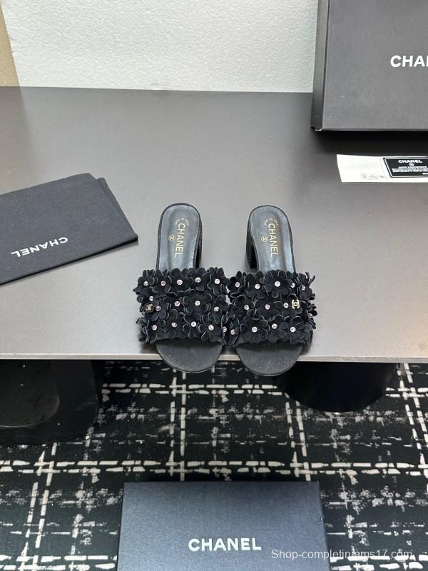 2025 Women Chanel Black Suede Heeled Slippers