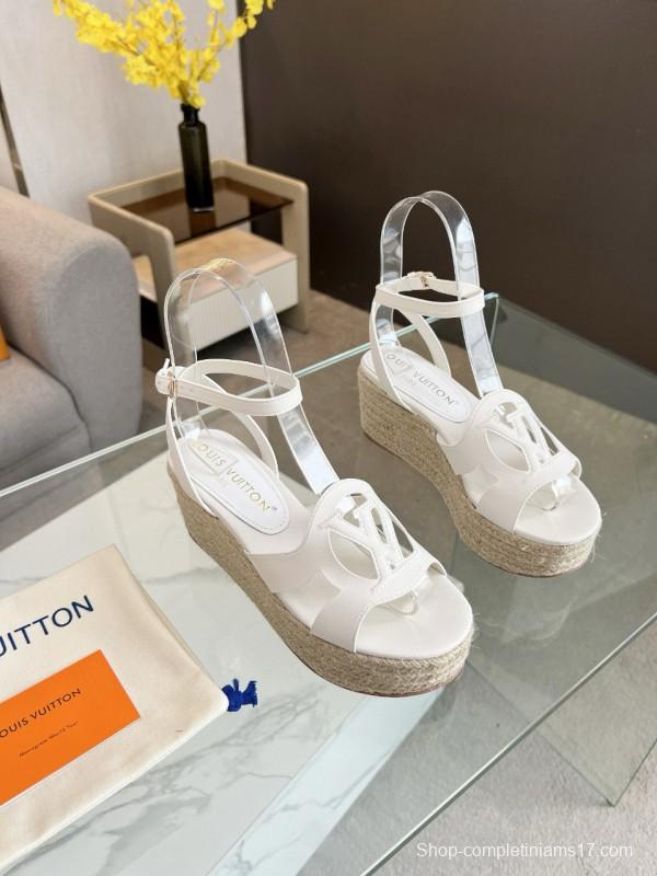 2025 Women Louis Vuitton White Leather Espadrille Wedge Sandals MJ00280