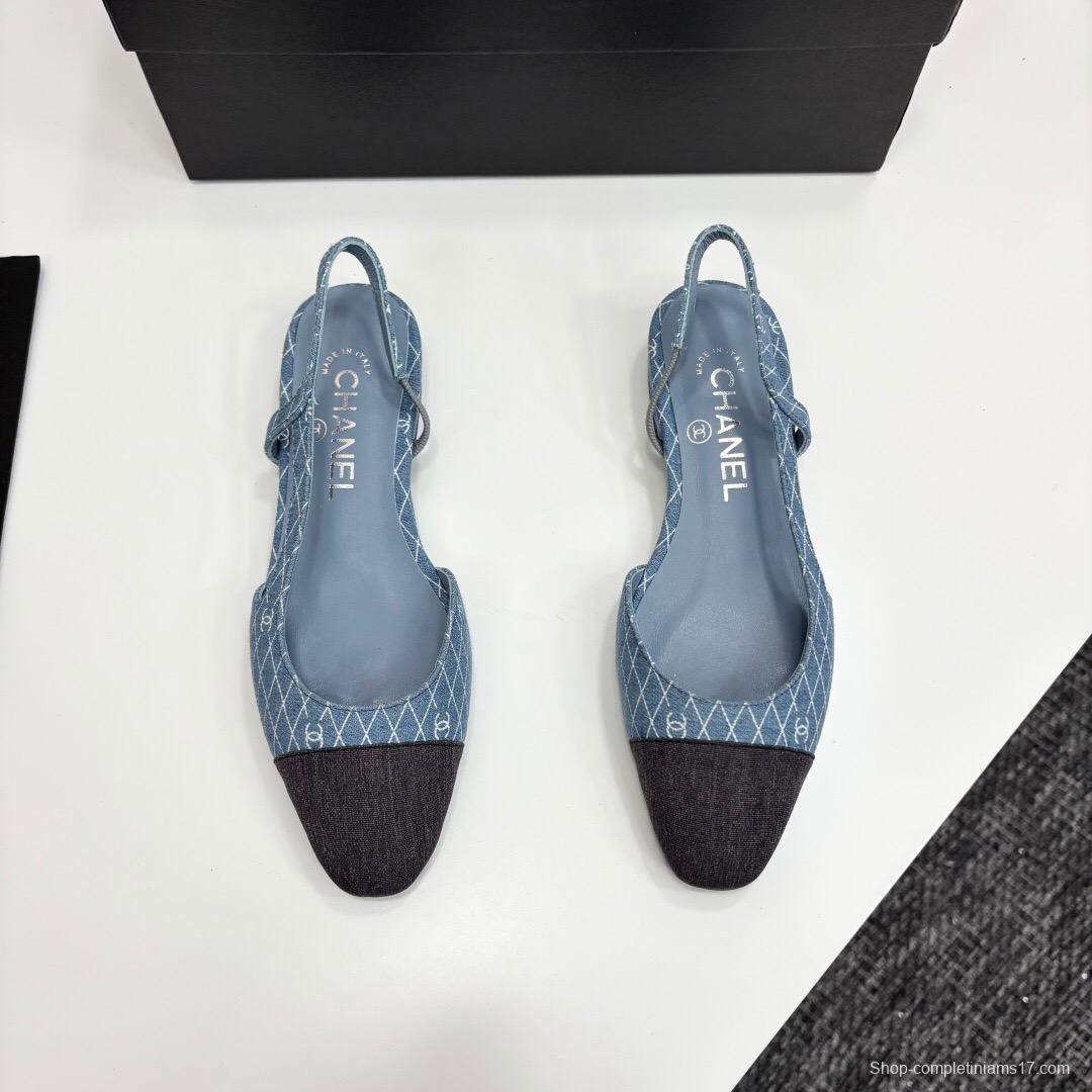 2025 Women Chanel Blue Black Denim Leather Slingback LY00240